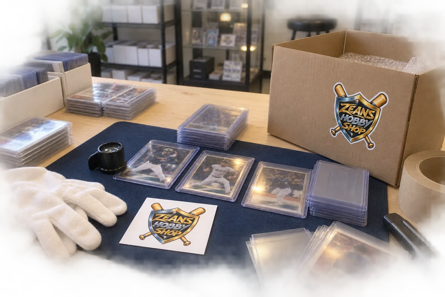 Editorial collector table with Zean's Hobby Shop print and packing materials