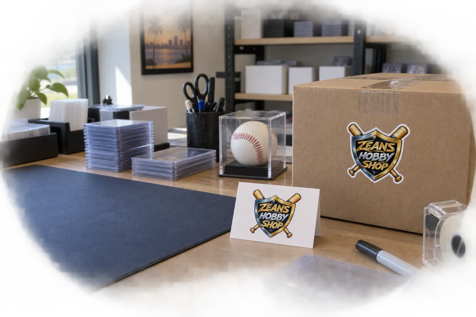 Editorial packing counter with Zean's Hobby Shop sticker